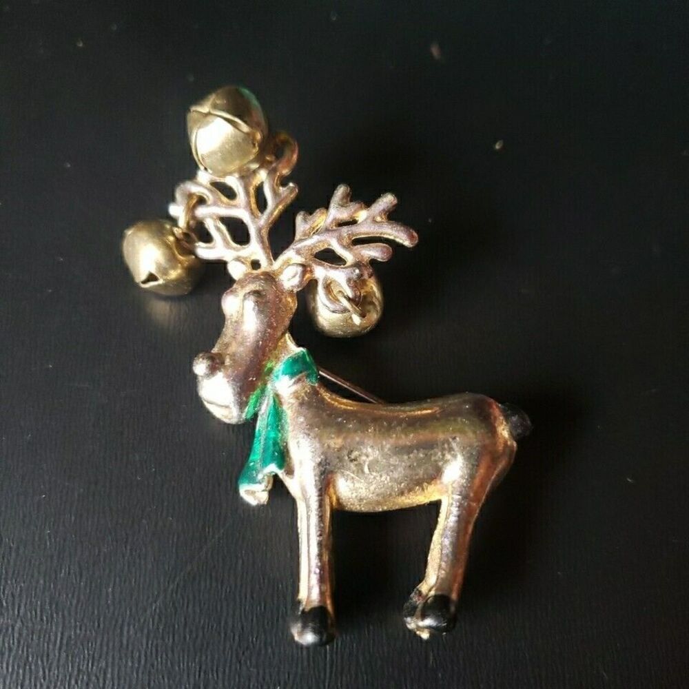 Reindeer Christmas Silver tone Vintahge brooch Green Bow Antlers with Bells